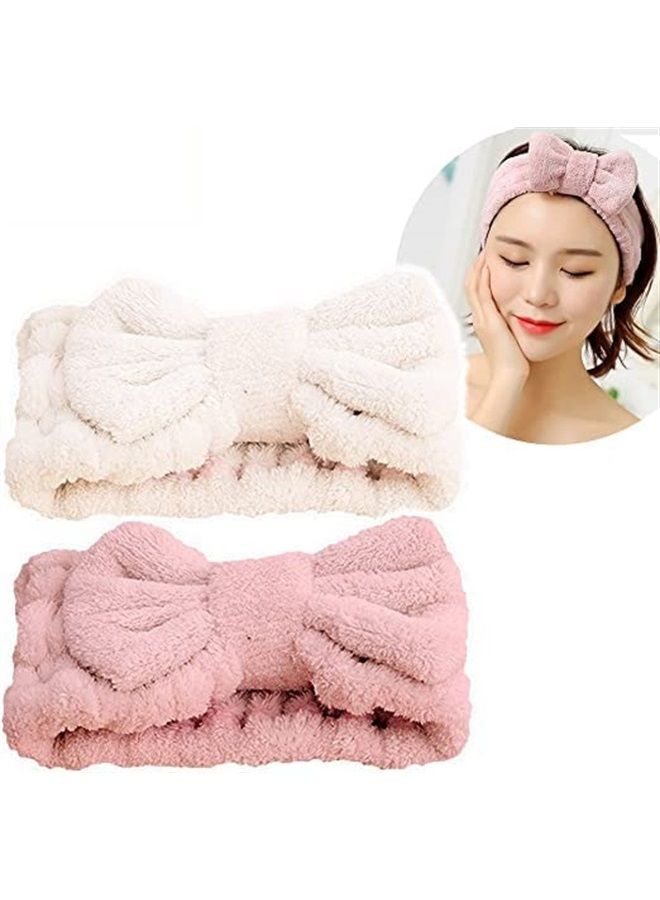 Microfiber Bowtie Women Beauty Headbands, Extrame Soft & Ultra Absorbent, Comfort to Wash Makeup Shower Facial Skincare Spa Thick Hair Band for Girls (Beige+Pink)