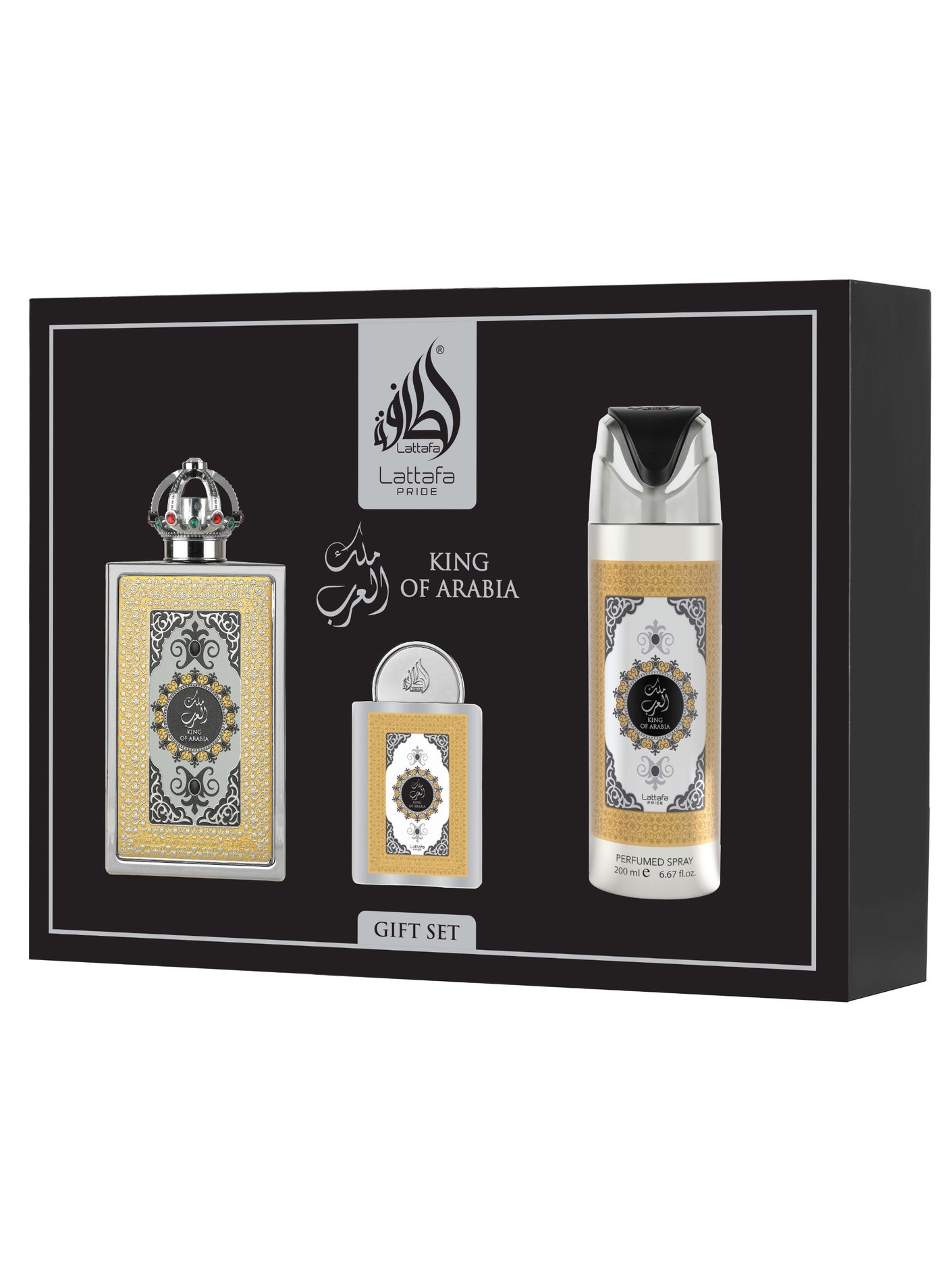 Lattafa Pride 3 Piece Giftset - King of Arabia EDP 100 ml + EDP 20 ml + Perfumed Spray 200 ml