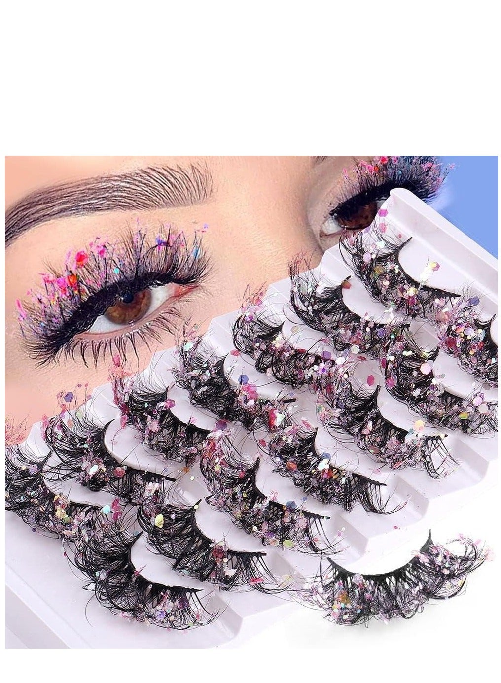7 Pairs Night Luminous Glitter False Eyelashes Wispy Faux Mink Lashes Colored Eyelashes Dramatic Lashes for Party Stage Cosplay