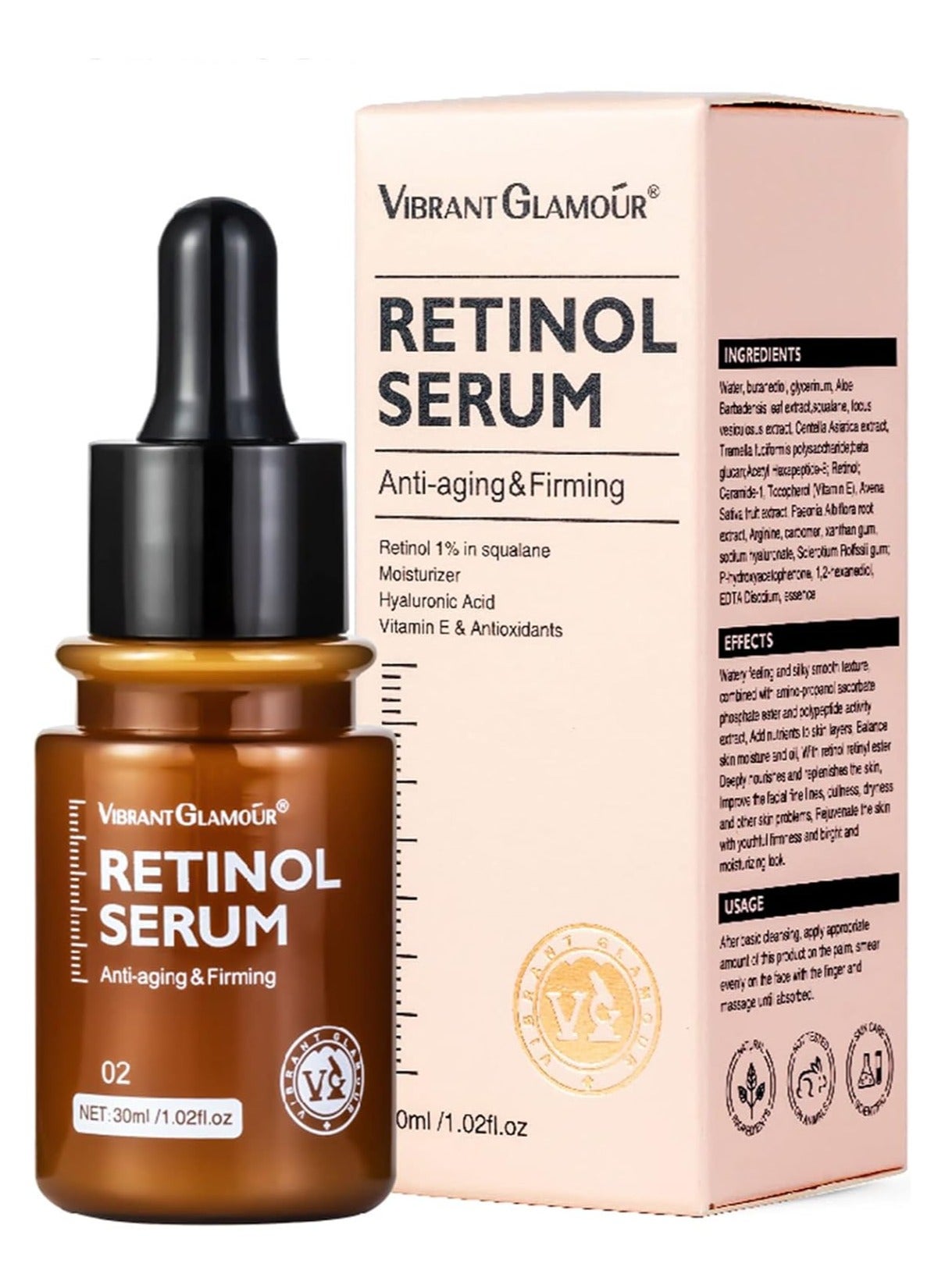 VIBRANT GLAMOUR Double Retinol Face Serum Firming Collagen Anti-Aging Fading Dark Spots Fine Lines Facial Treatment Anti Wrinkle Moisturizing Whitening Deep Tightening Repair Essence Skin Care 30ml