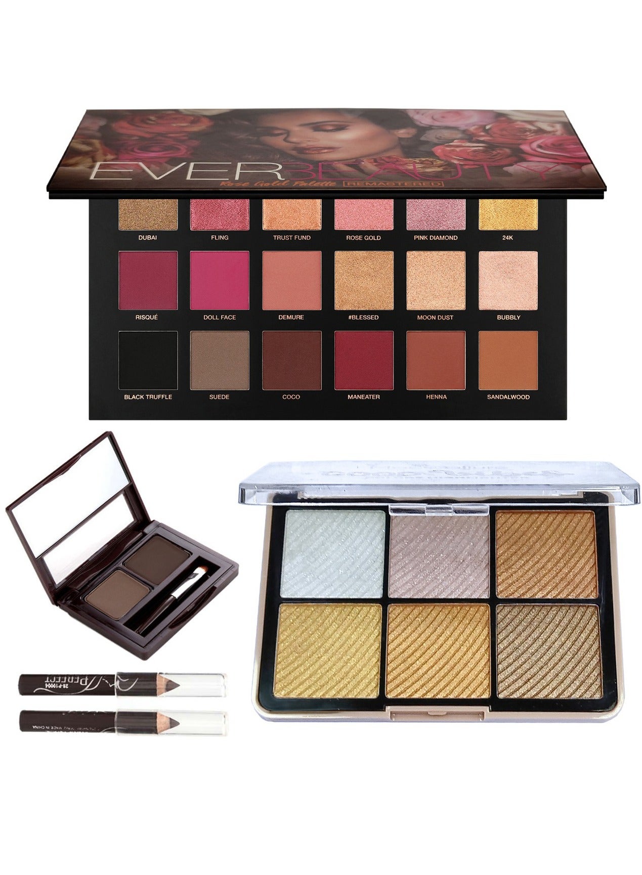 Ever Beauty Rose Gold Remastered Eyeshadow Palette Multicolor With 6 Color Highlighter And Eyebrow Cake powder