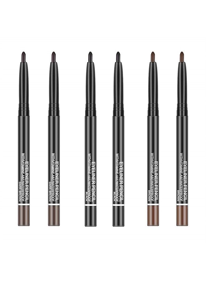 Black,Light Brown,Dark Brown Eyeliner Pencils,6 Pack Gel Eye Liner Makeup Pencil,High Pigment Smooth Eyeliner Stick,Soft Easy to Color Eye Liner Pen