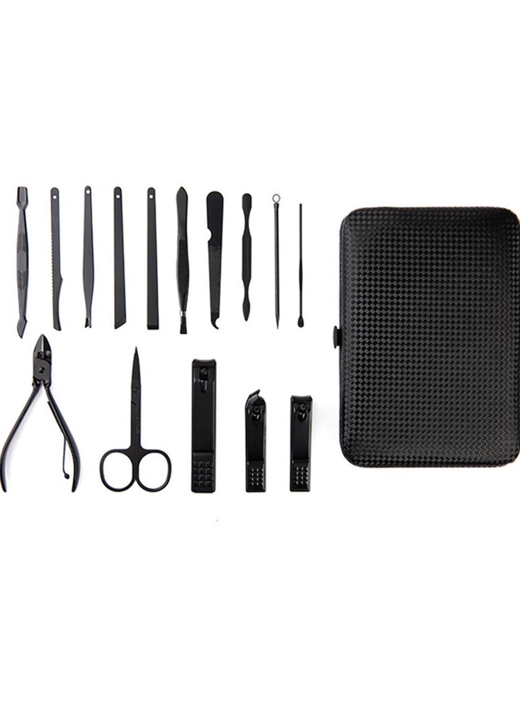 Manicure Kit Nail Clippers Set Stainless Steel Professional Pedicure Black 15 Pieces Grooming Scissors Cutter Ear Pick Tweezers Scissors Eyebrow  file