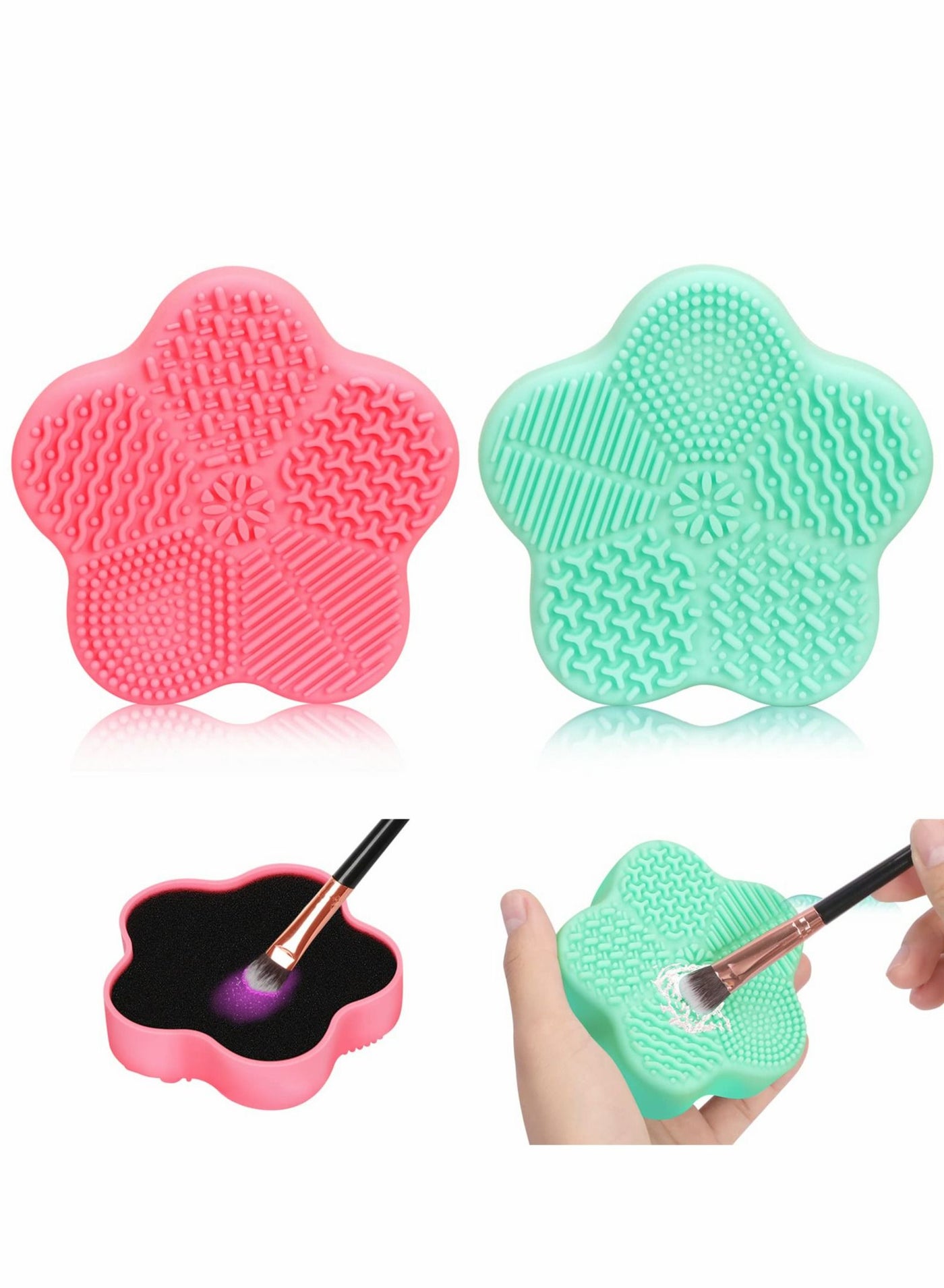 2 Pcs Makeup Brush Cleaning Mat, Cosmetic Brush Cleaning Pad with Color Removal Sponge, 2 in 1 Design Silicone Cleaner Box for Dry Brush Color Switch and Wet Cleaning, Flower Green & Pink