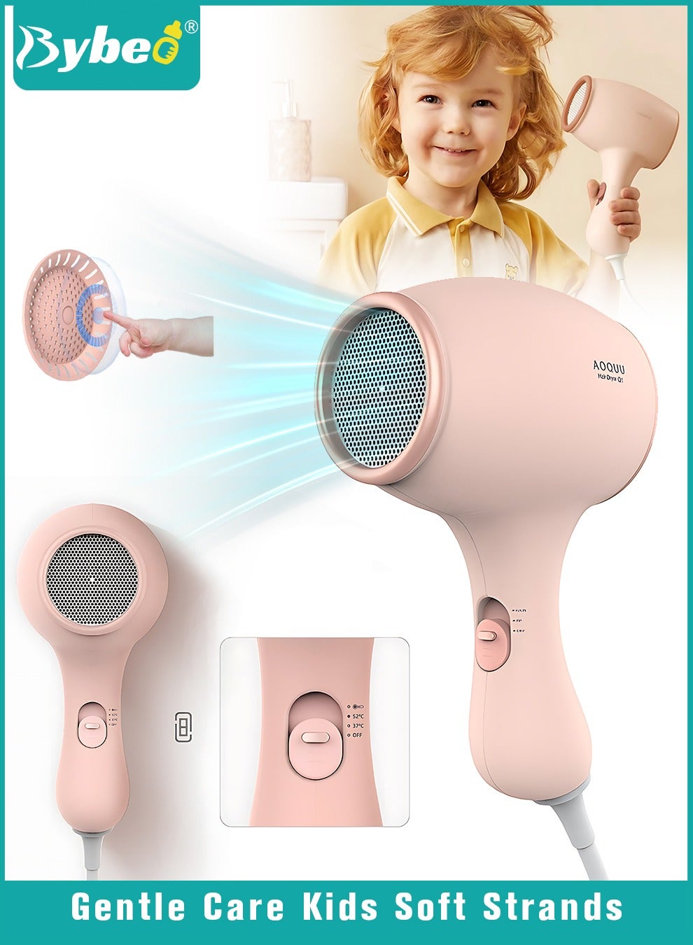 Kids Hair Dryer, Portable Mini Hair Blow Dryer for Toddlers, Low Noise Hair Dryer for Children with 3 Speed Settings, Gentle Heat for Kids Skin, 500 Watt, Lightweight,  Anti-Scald Design, Pink