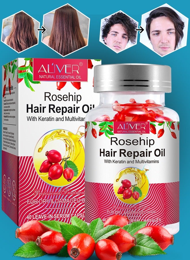 40 Pcs Rosehip Hair Repair Oil Capsules Organic Rosehip Seed Oil with Keratin & Multivitamins Rosehip Hair Repair Oil Shines Nourishing Repair Dry & Damaged Hair Treatment Leave-In Serum
