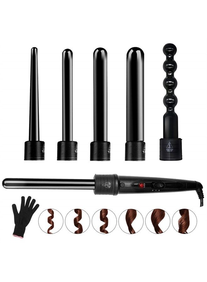 6 in 1 Curling Iron Wand Set with 6 Interchangeable Ceramic Barrels and Heat Protective Glove (Black-6in1) (Black-6)