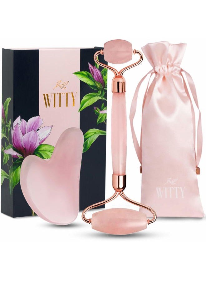 Rose Quartz Roller for Face, Gua Sha Stone Set in Hand-Drawn Giftbox - Jade Face Roller, Face Massager Roller, Face Scraper Tool - Guasha Tool for Face Roller Skin Care, Eyes, Neck - Extra Pouch