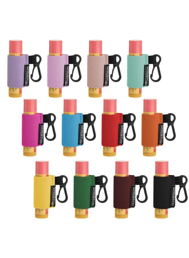 12 Pack Compact Clip-On Lipstick Holder Keychain in 12 Colors,Lip Balm Sleeves with Clip, Fits Most Standard Lip Balm,Tight-Knit Elastic Lip Balm Keychain Holder