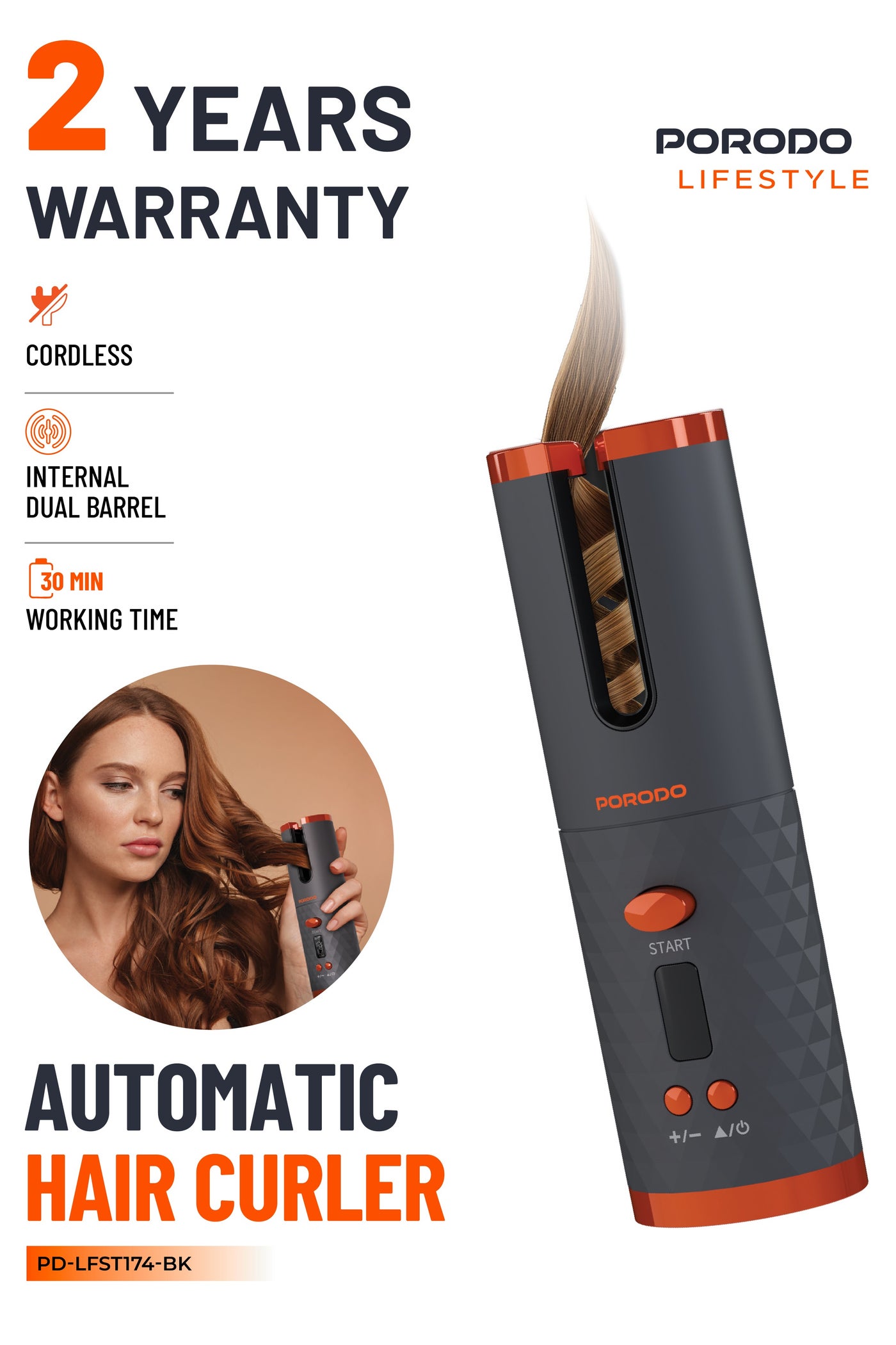 Portable Automatic Hair Curler with Heat & Timer Control / 3000 mAh Rechargeable Battery / Cordless / Internal Dual Barrel / Pouch Bag, Clip & Comp Included - Black