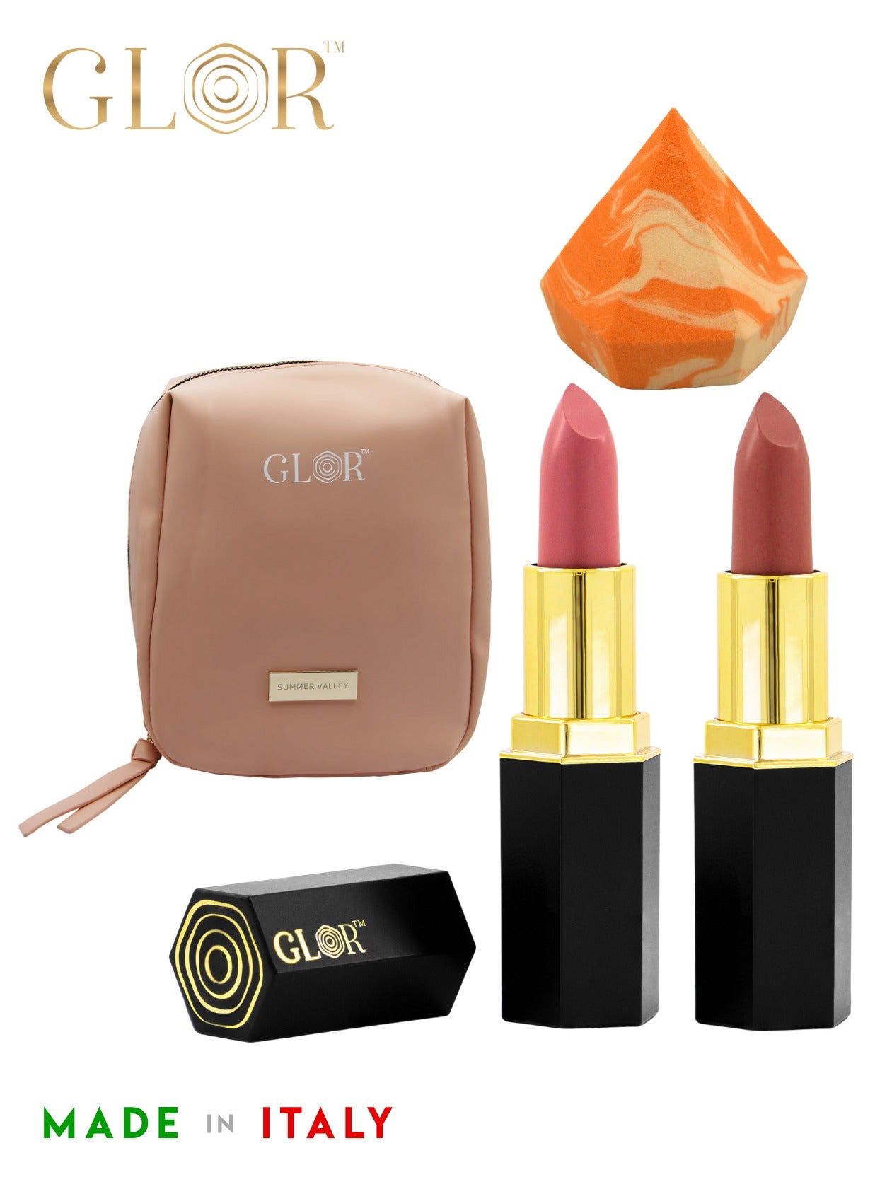 Glor Endless Charm Lipstick– Intense Long-Lasting Color, Luxurious Moisture, Ultra-Creamy Formula for Beautiful Lips-Affogato + Whispering Rose + 1 Beauty Blender + 1 Cosmetic Bag