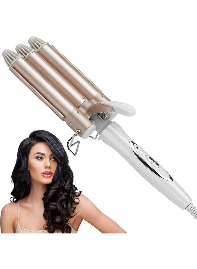 Gold 3-Barrel Curling Iron - 1-Inch Triple Barrel Hair Waver for Mermaid Waves, Adjustable Temperature Ceramic Tourmaline Curler, Fast Heating