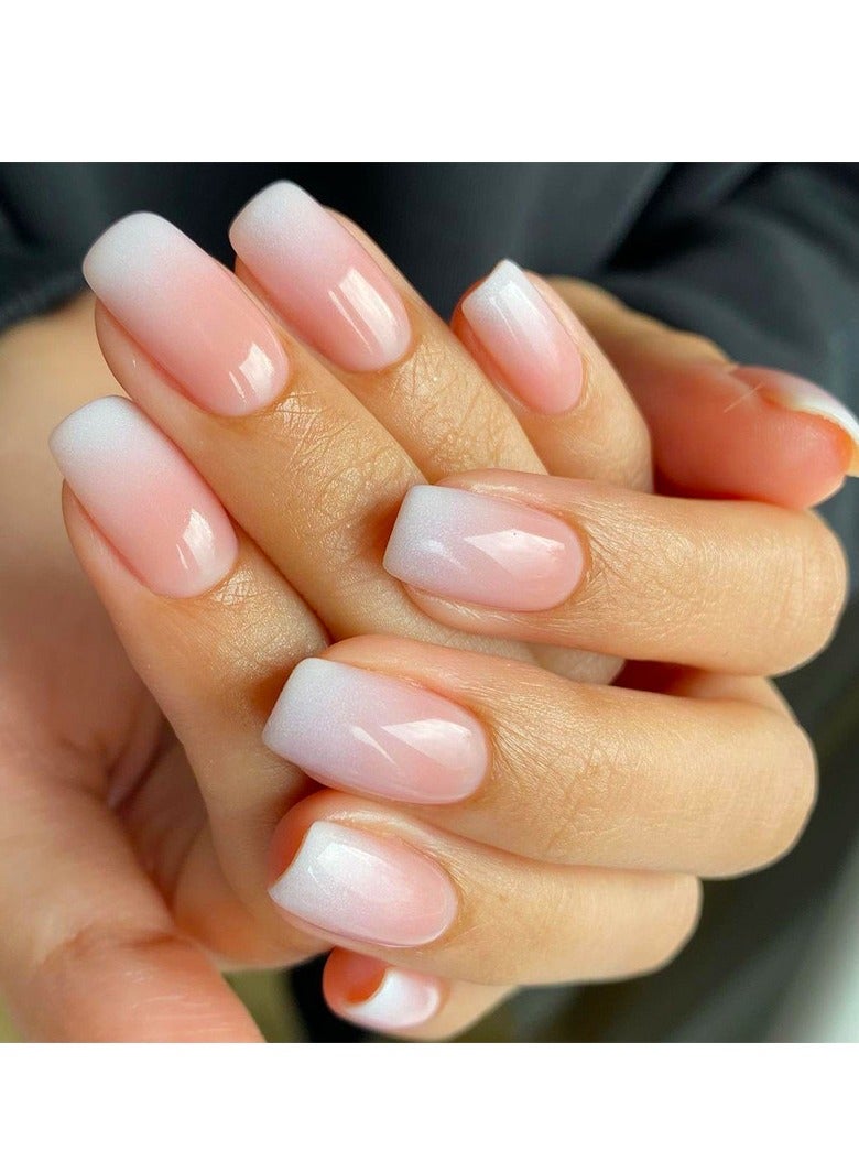 Press On False Nails 24Pcs，Pale Pink Ombre Ice-like Brightening False Nails，Medium Fake Acrylic Nails With Glue Kit