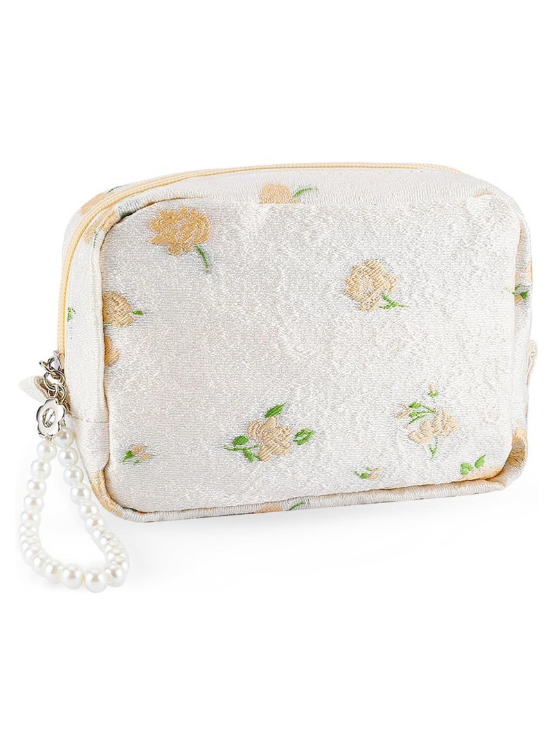 Makeup Bag, Travel Cute Cosmetic Bags, for Women Large Makeup Pouch, Pearl Zipper Cosmetic Pouch, for Purse Aesthetic Makeup Organizer Bag, Portable Toiletry Bag (Beige)