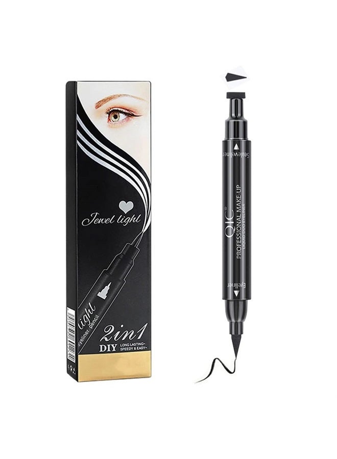 Dual Ended Black Liquid Eyeliner - 2 in 1 Winged Cat Eye Stamp & Felt-tip Eyeliner Pen, Waterproof, Long Lasting and Smudge Proof Eye Makeup Tool for Women