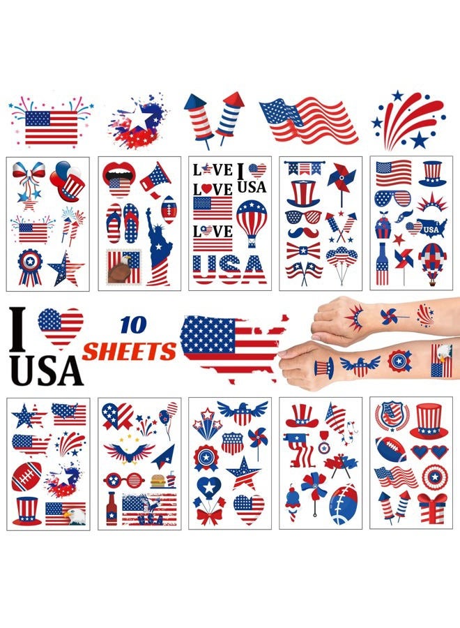 10 Sheets USA Tattoos Temporary, 80 Patriotic Tattoos, 4th of July Temporary Tattoos, American Flag Red White and Blue Tattoo, USA Face Tattoo