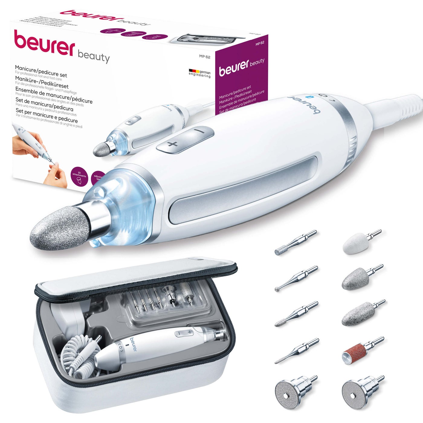 MP 62 Home Manicure and Pedicure Set | 10 High-quality attachments | Acrylic and gel nails | Precision light | Easy speed control | Storage bag | Middle East Version