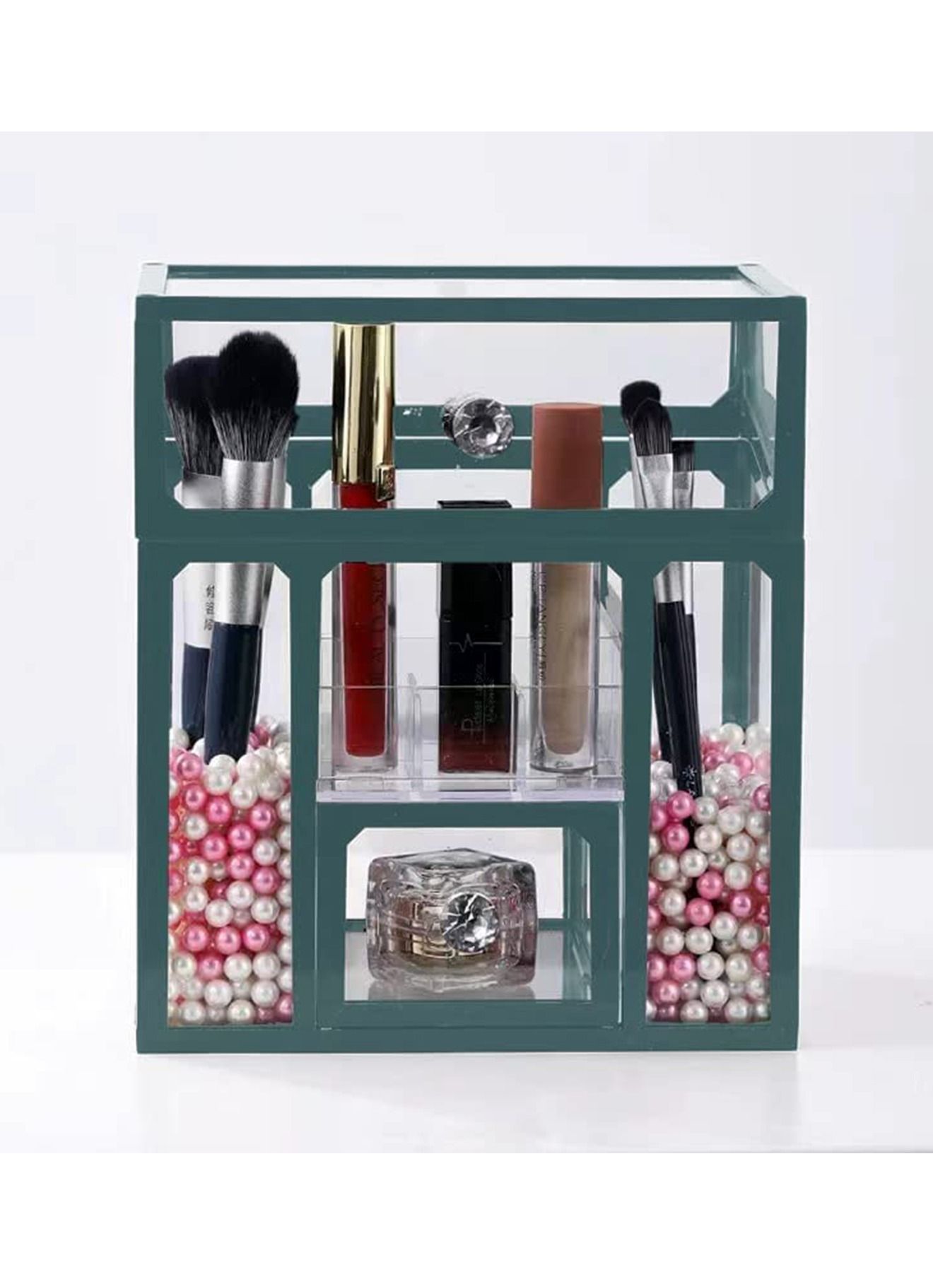 Makeup Organizer Box Brush Holder Glass Storage Cosmetic for Jewelry Decoration (Green)