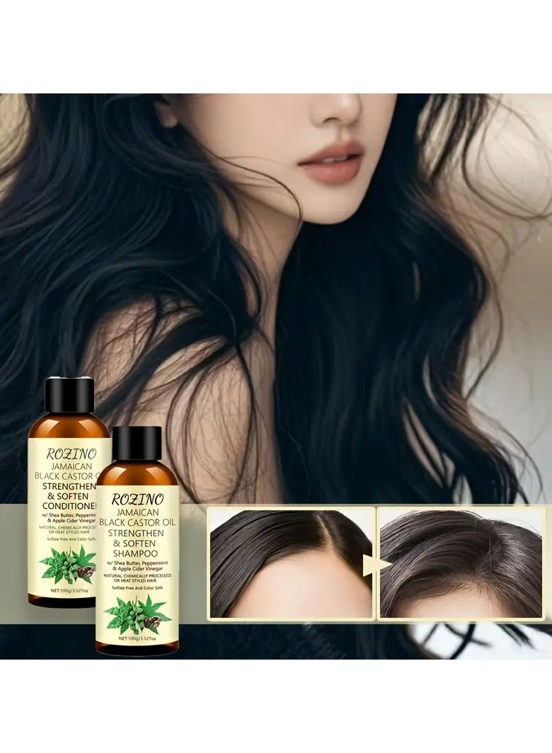 2pcs Black Castor Oil Shampoo Conditioner Box, deep cleanses scalp, removes oil, makes hair fluffy and less prone toage