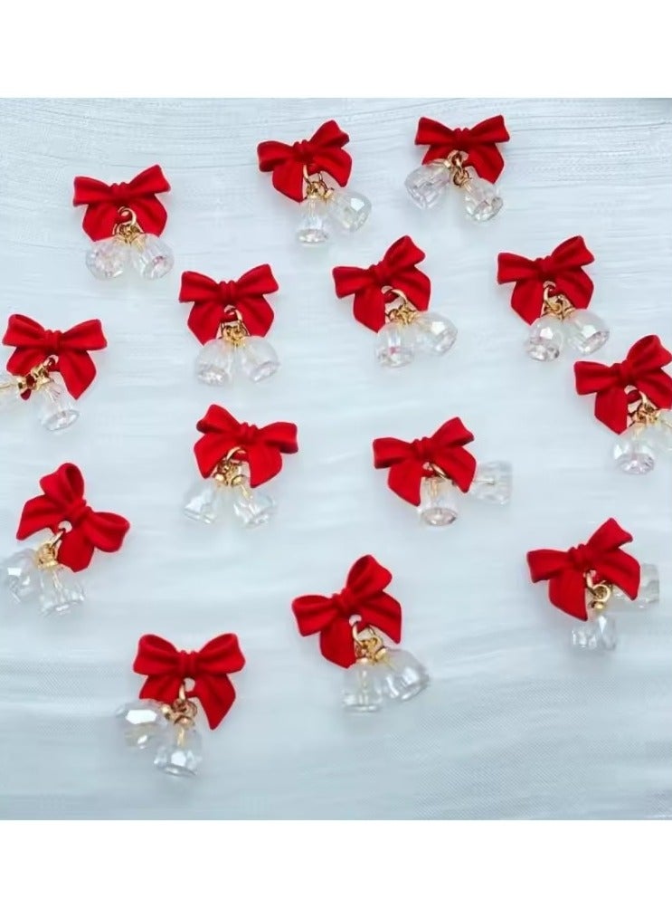 5pcs Festive Bell Red Bowknot Nail Art Charms New Year 2025 Luxury Crystal Aurora Bell Pendant Nail Decoration Parts