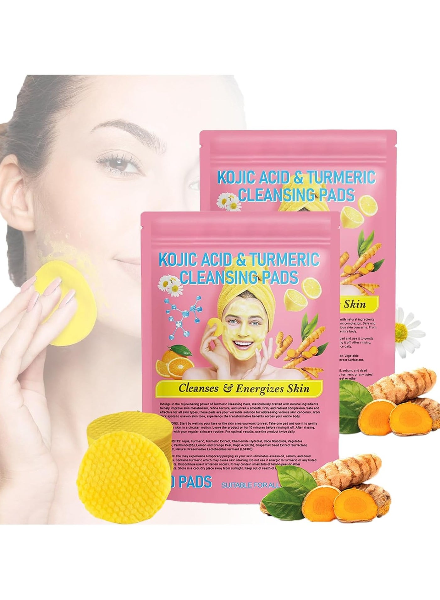 60Pcs Kojic Acid & Turmeric Cleansing Pads For Dark Spots | Turmeric Kojic Acid Cleansing Pads Helps Balance Skin Oil & Water, Fade Spot, Remove Excess Keratin, Clean Oil Refines Pores