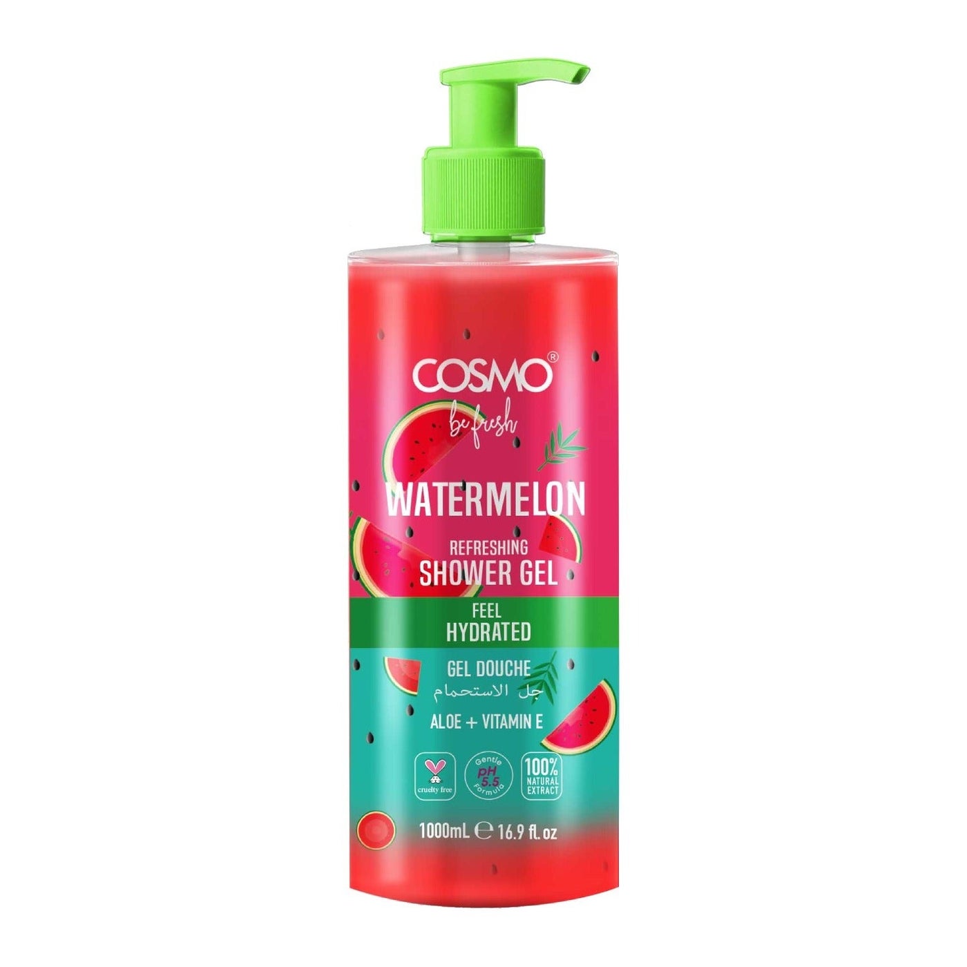 Cosmo Be Fresh Watermelon Shower Gel with Aloe Vera & Vitamin E 1000ml, Hydrating Fruity Body Wash for Smooth, Feel Hydrated & Glowing Skin, Refreshing Daily Cleanser with Juicy Scent, For Men & Women
