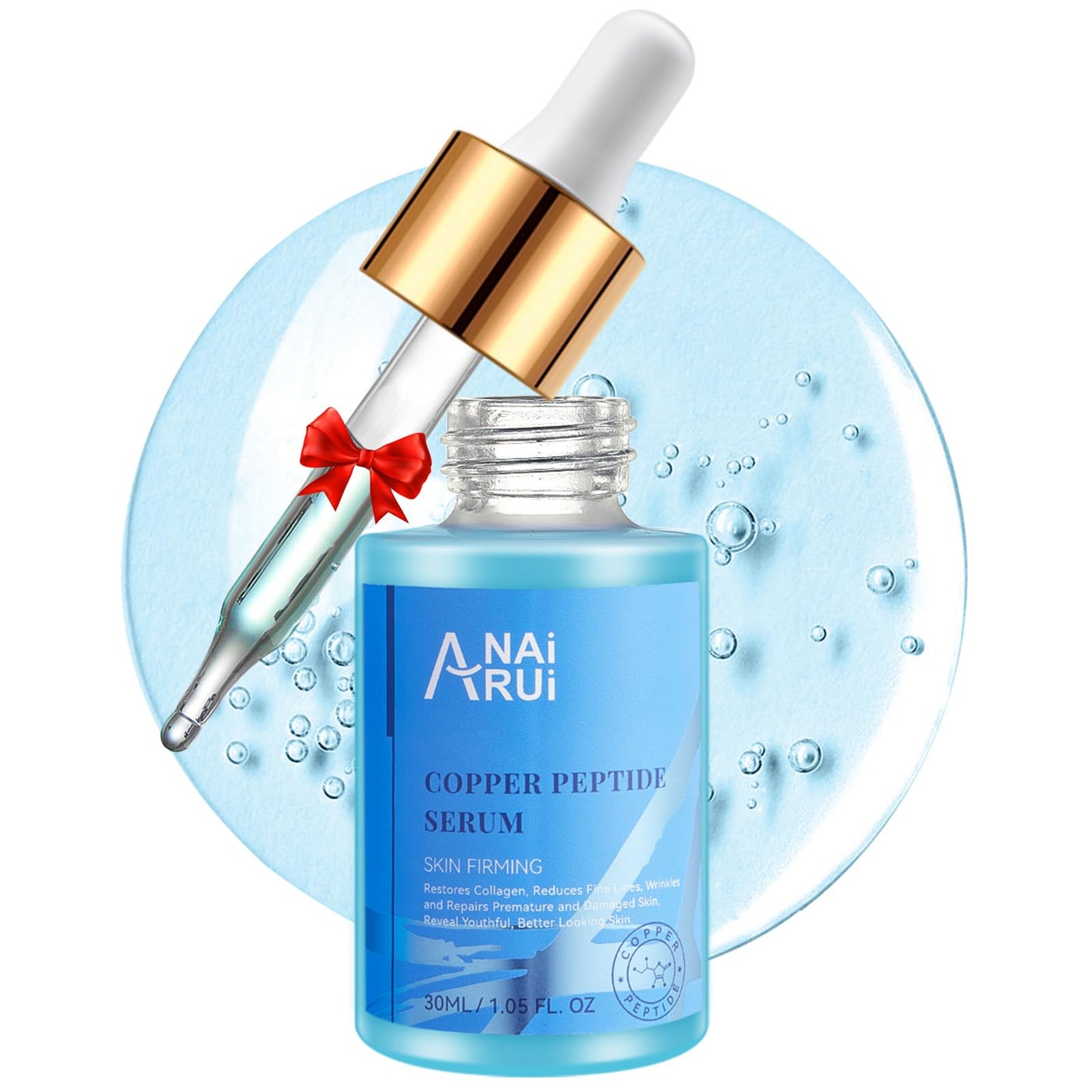 ANAI RUI Copper Peptides Serum for Face -Ghk-Cu Peptide Serum + Hyaluronic Acid - Reduces Fine Lines & Wrinkles, Plumping and Radiant Skin, 1.fl.Oz