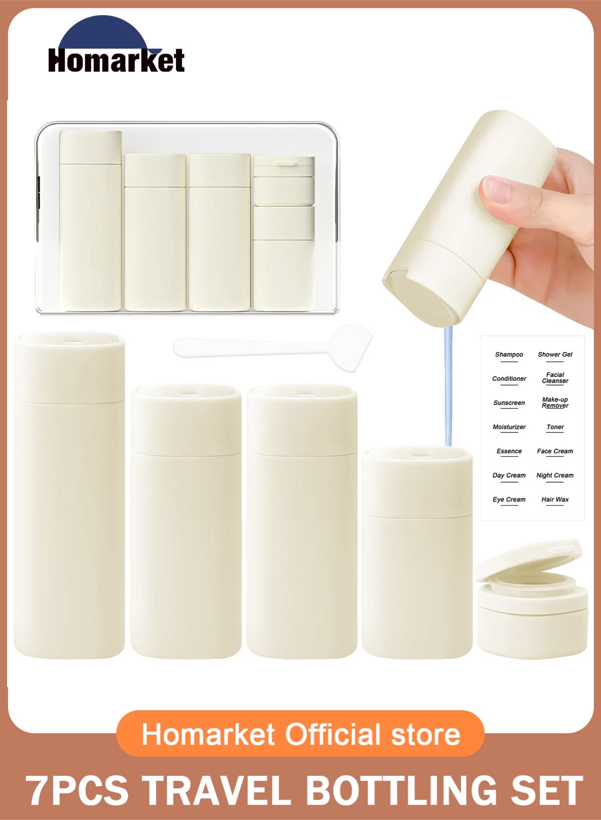 Travel Bottles for Toiletries, 5 Pack Travel Size Containers, Leak Proof Refillable Travel Accessories for Shampoo Conditioner, Portable Travel Bottles with Clear Toiletry Bag (Beige)