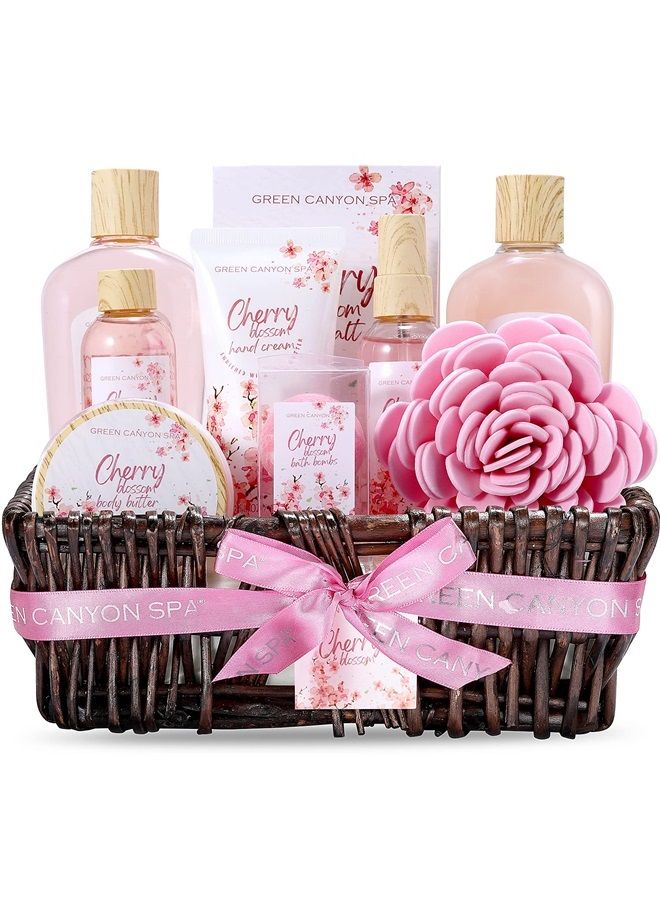 Spa Gift Baskets for Women, Birthday Bath Gifts Sets 10Pcs Cherry Blossom Essential Oil Spa Gift Kit with Wicker Basket for Home Decor, Holiday Gift for Mothers Day Gifts for Mom from Daughter