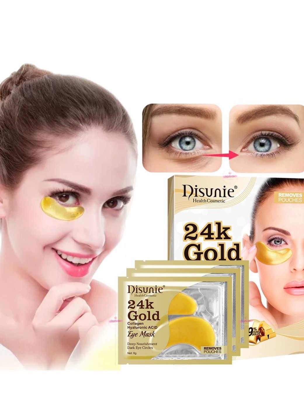 24K Gold Collagen Hyaluronic Acid Eye Mask Eye Patches for Puffy Eyes Under Eye Mask Under Eye Patches for Dark Circles Puffiness Deep Nourishment and Dark Eye Circles Gold Eye Mask 10pairs