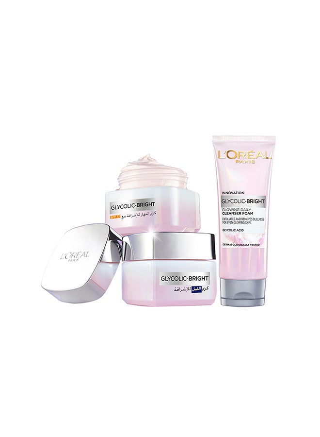 Glycolic Bright Day Cream 50ML, Night Cream 50ML, Cleansing Foam 100ML