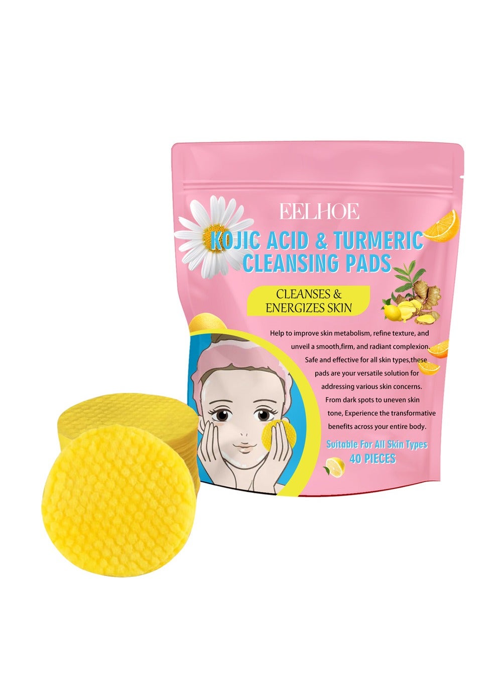 Turmeric Koji Acid Cleansing Pads for Face- Kojic Acid and Turmeric Cleansing Pads for Dark Spots, Acne, Exfoliator and Oil, Improve Dull Skin Tone and Enhance Skin Luster,40PCS