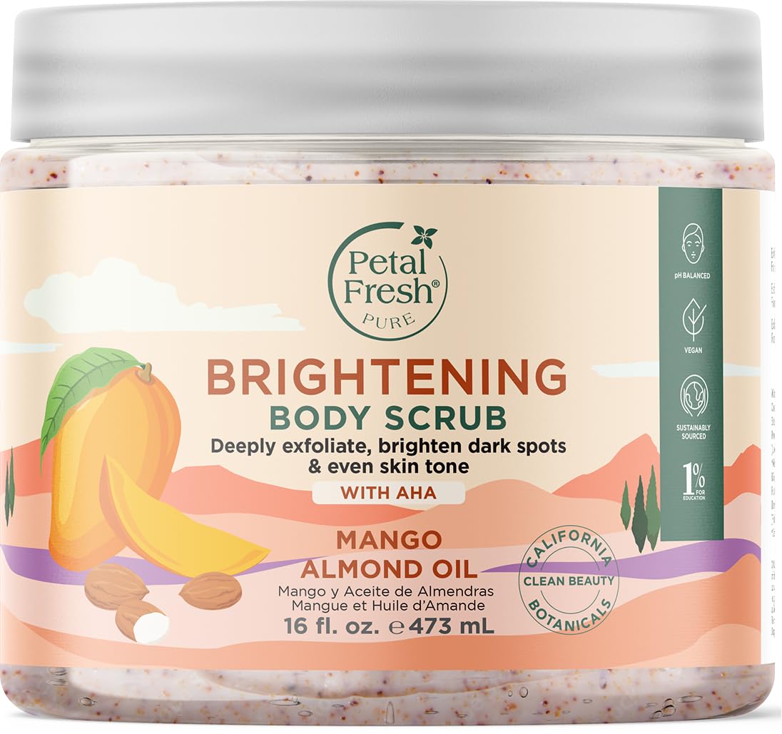 Petal Fresh Pure Brightening Mango & Almond Oil Body Scrub, AHAs for Gentle Exfoliation, Even Tone & Radiant Glow, Vegan and Cruelty Free, 16 oz â€“ MADE IN USA