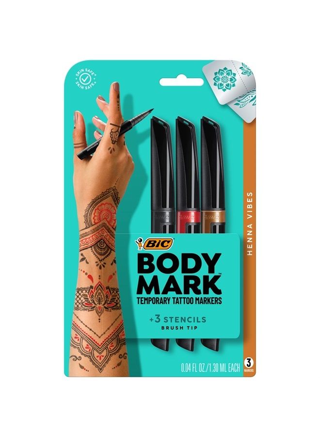BodyMark Temporary Tattoo Markers for Skin (MTBP31HN-AST), Henna Vibes, Flexible Brush Tip, 3-Count Pack of Assorted Colors, Skin-Safe*, Cosmetic Quality