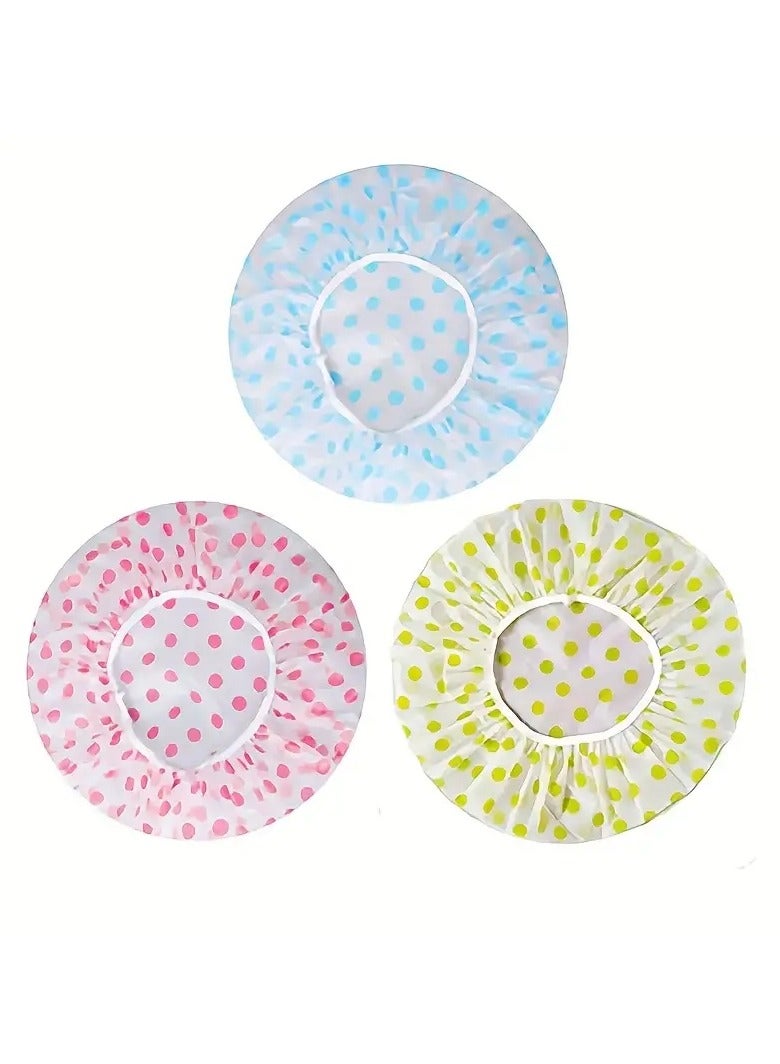 3pcs Adorable Polka Dot Printed Shower Caps, Waterproof Bath Caps Plastic Reusable Shower Caps Elastic Band Bath Hair Hat For Women Ladies Spa Salon