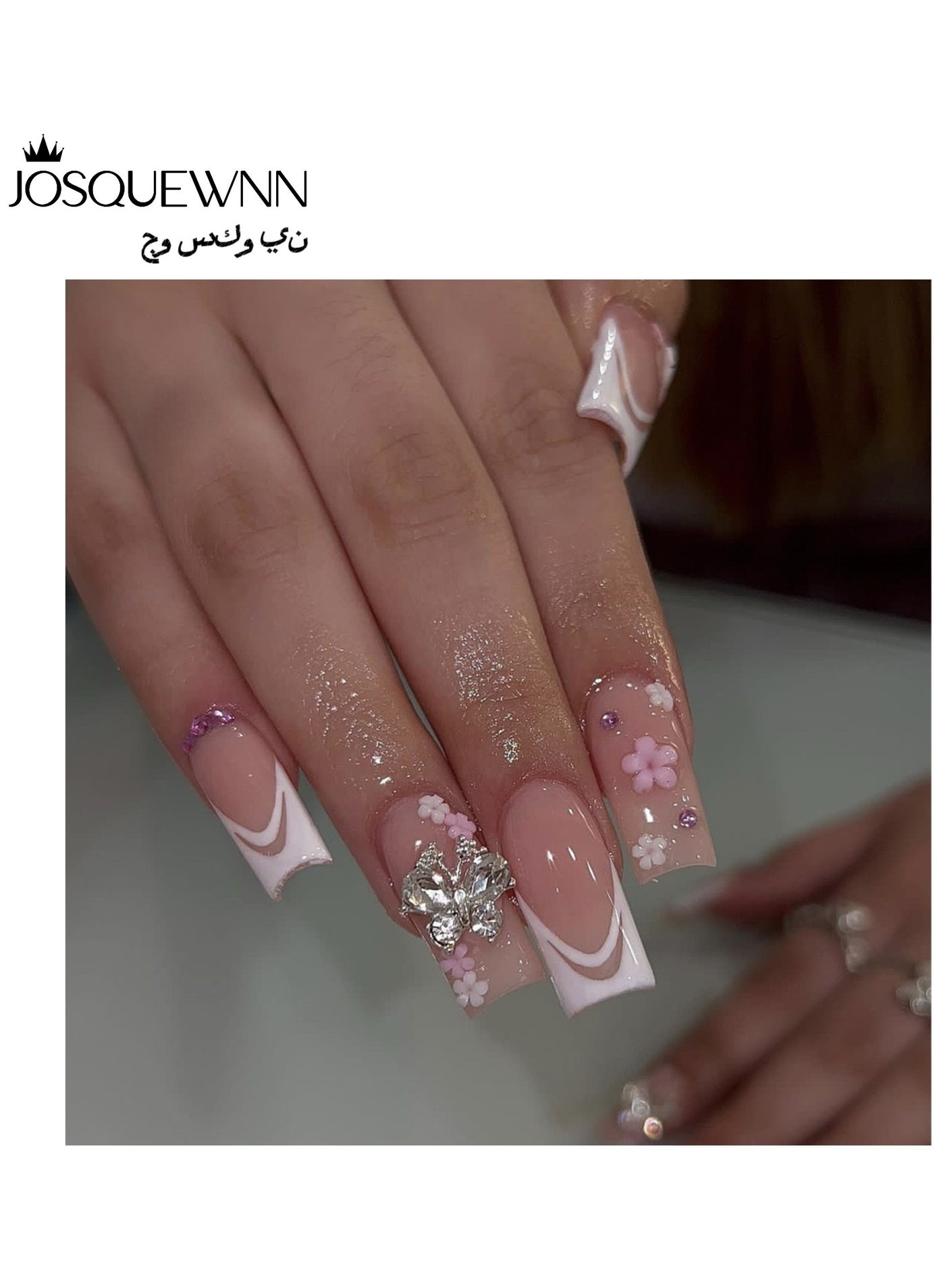 Press On Nails 24pcs, Medium-Length Duckbill-Shaped Nail Tips, Elegantly Designed With White French Edges And Adorned With Bow-Shaped Rhinestones, Featuring Exquisite Flower Designs. Fake Acrylic Nails With Glue Kit.