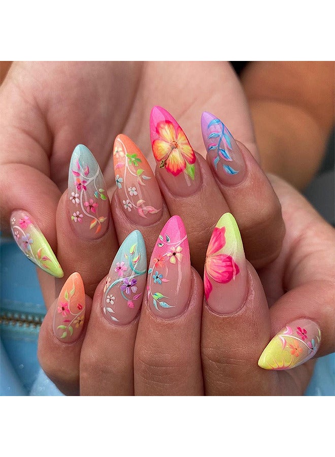 Press On Nails Short Almond - French Tip Fake Nails Medium Length Glue On Nails Gel Reusable Stick On Nails False Nails With Design - 24 PCS