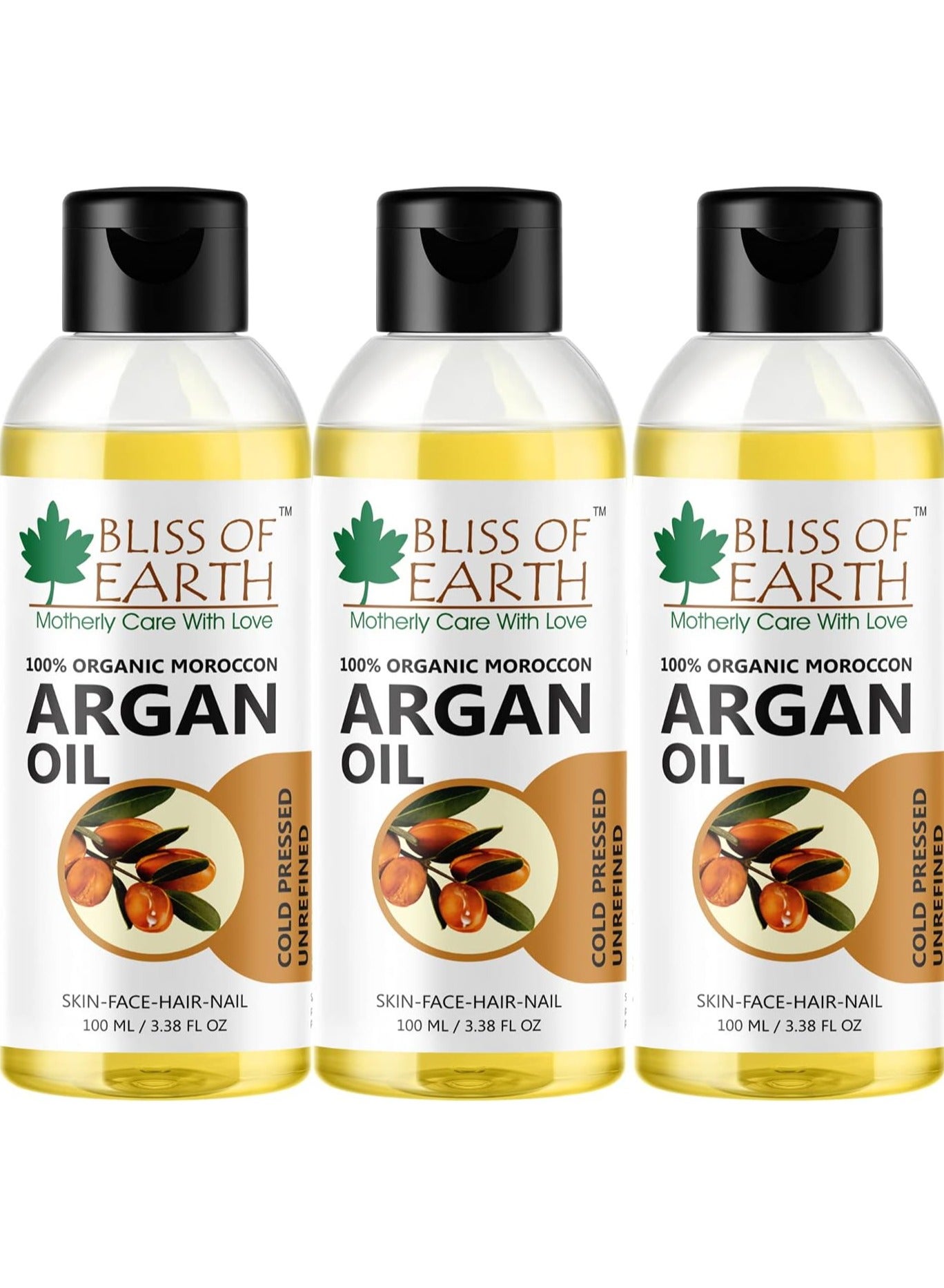 100% Organic Argan Oil Of Morocco For Face Hair & Skin Cold Pressed & Unrefined 100ml Pack of 3