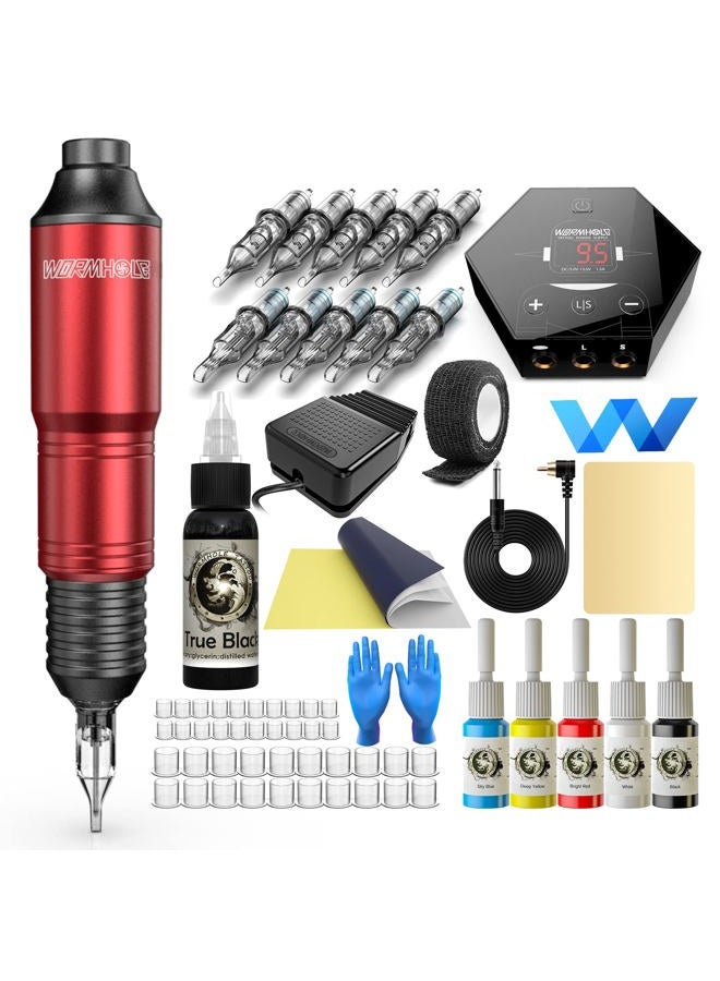 Tattoo Kit, Wormhole Tattoo Gun Kit Tattoo Machine Kit 20 Tattoo Cartridge Needles 10 Inks with Foot Pedal, Power Supply, RCA Tattoo Cord, Tattoo Machine for Tattoo Artists and Beginners WTK079