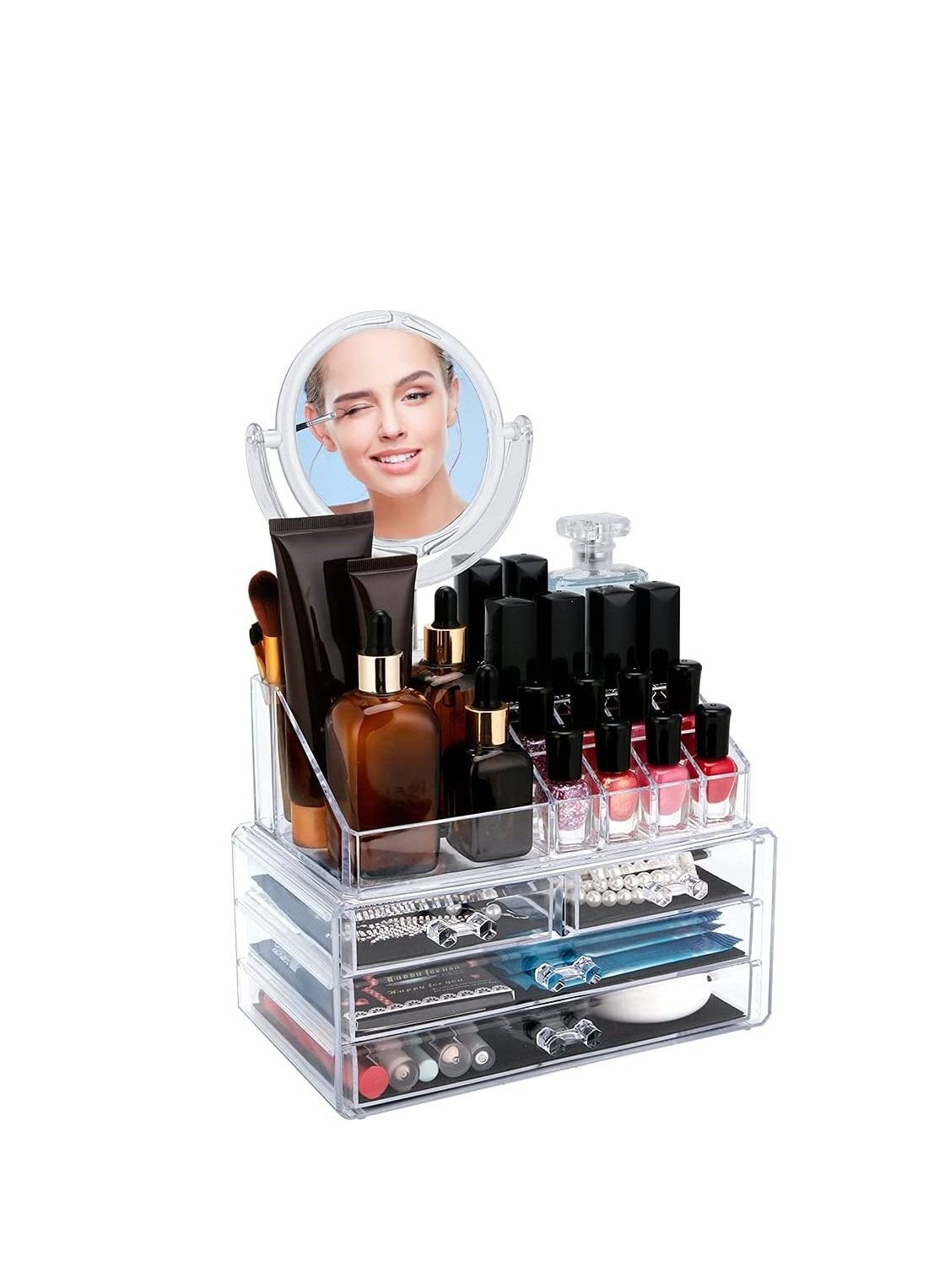 Acrylic Cosmetic Makeup Organizer with Mirror and Storage for Skin Care Cosmetics, Jewelry, Nail Polish, Hair Accessories