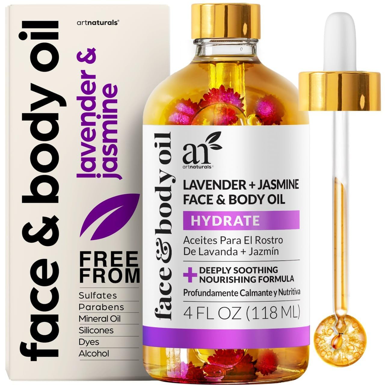 Artnaturals Organic Lavender + Jasmine Face Oil 4.0oz - for Body & Hair - 100% Natural, Moisturize, Rejuvenate & Enhance your skin - Anti-Aging Moisturizer Facial Oil for Fine Lines, Scars & Wrinkles