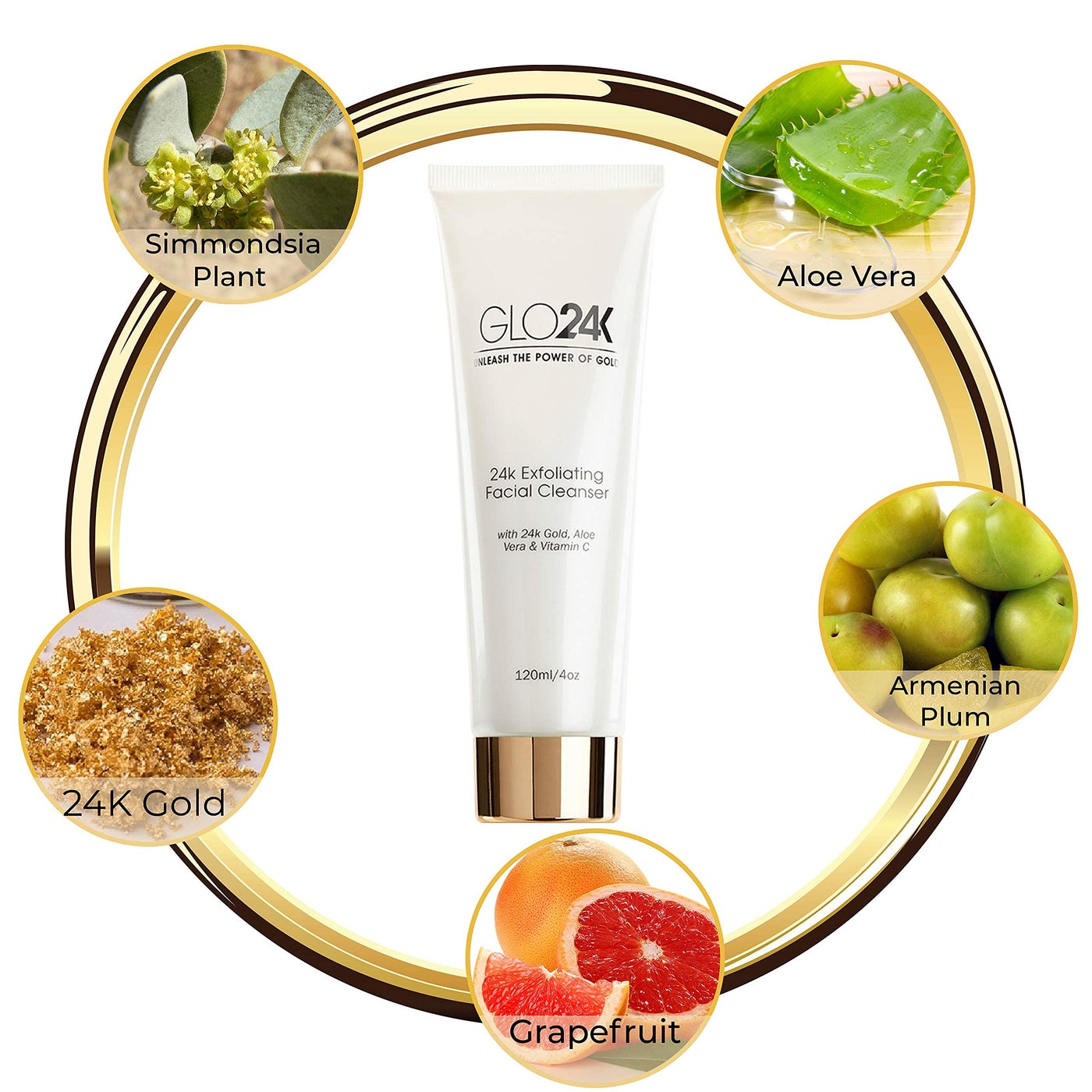 GLO24K Exfoliating Facial Cleanser with 24k Gold, Aloe Vera, and Vitamins. For a Radiant, Purified, Fresh looking Skin.