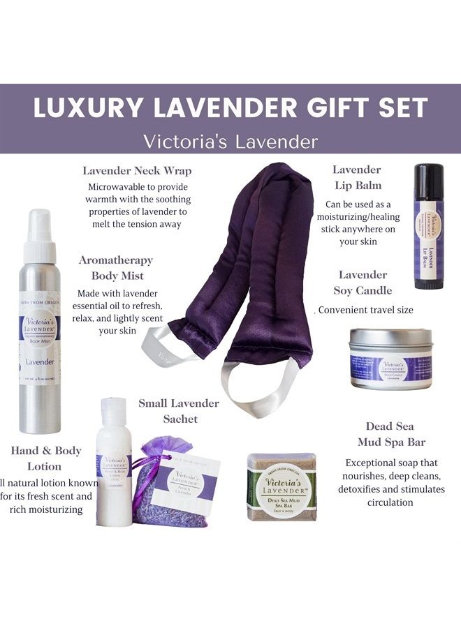 Luxury Gift Basket for Women - Neck Wrap, Body Mist, Hand & Body Lotion, Lip Balm, Soy Candle, Mud Spa Bar & Lavender Sachet, Skin Care Sets & Kits, Beauty Products For Women