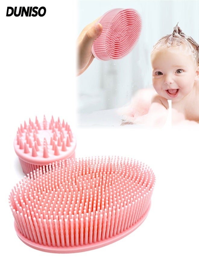 2 in 1 Silicone Brush，Bath and Shampoo Body Brush，Silicone Exfoliating Body Brush for Use in Shower，Easy to Clean，for Cleaning and Exfoliating the Body and Head Massage，Pink