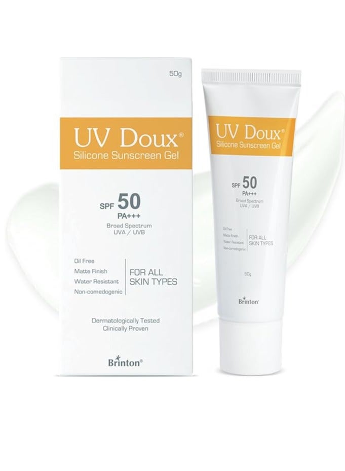 UV Doux Sunscreen Gel SPF 50 PA+++ | Broad Spectrum Protection for Face & Body | No White Cast | Benzene-Free | Dermatologist-Approved | Non-Comedogenic for Oily, Acne & Sensitive Prone Skin | Paraben-Free | Water-Resistant | Clinically Proven | 50 g