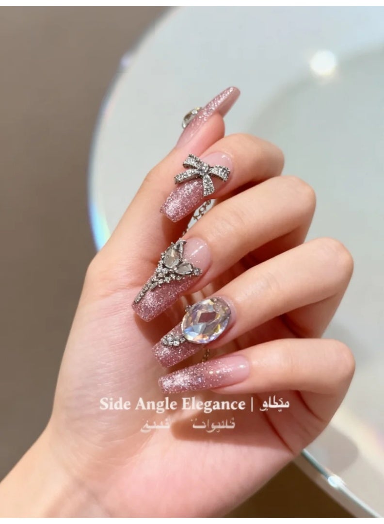 [10PCS Luxury Press-On Nail Kit] Swarovski Crystals + 3D Sculpted Design | No UV Light Needed | Long-Lasting Jelly Glue | Magnetic Velvet Gift Box