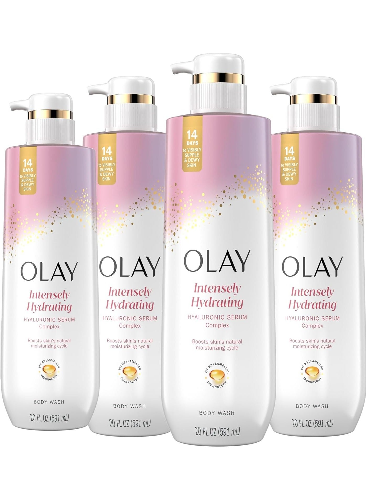 Body Wash for Women, Intensely Hydrating, Hyaluronic Acid Serum Complex, Renews Moisture, Vitamin B3 Lameller Technology, For All Skin Types, 20 fl oz (Pack of 4)