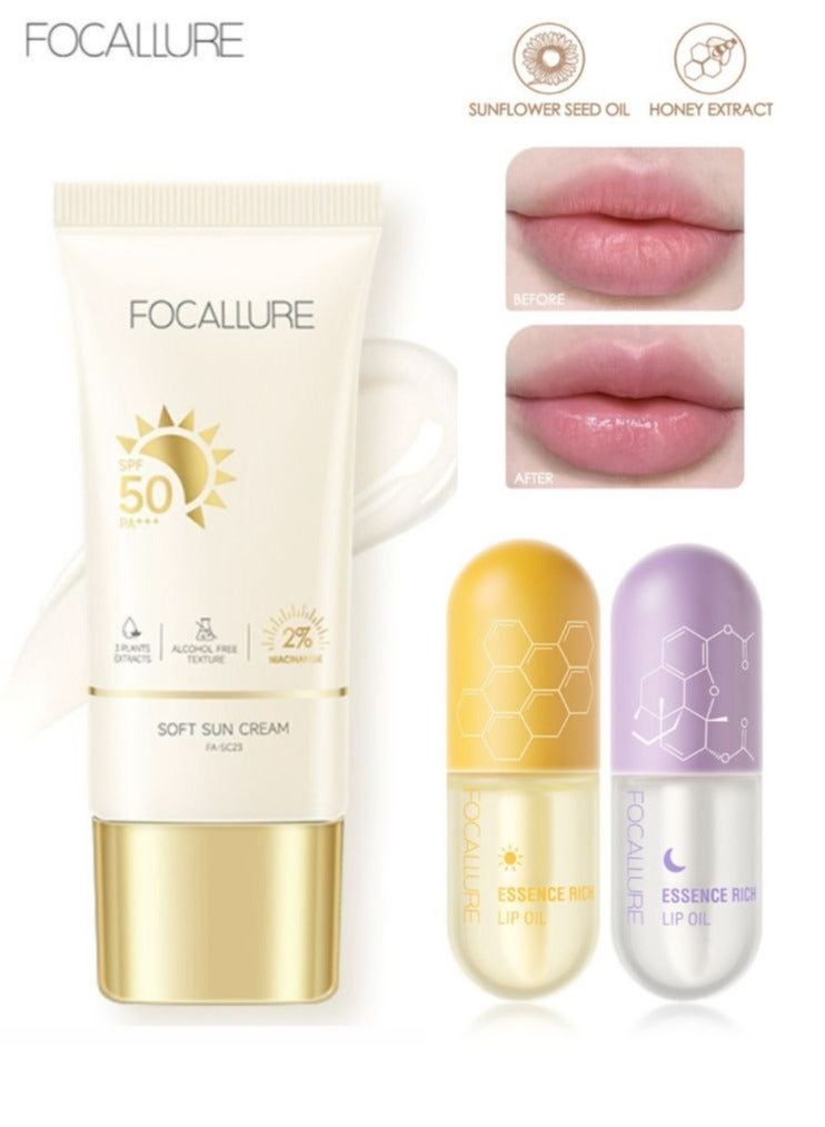 Pure Natural Lip Oil Soften Moisturized Repaired Lip Care Oil Waterproof Lip Plumper Set + Soft Sun Cream Intensive Non Sticky Sunscreen Defense Sunscreen Gel SPF 50 PA+++