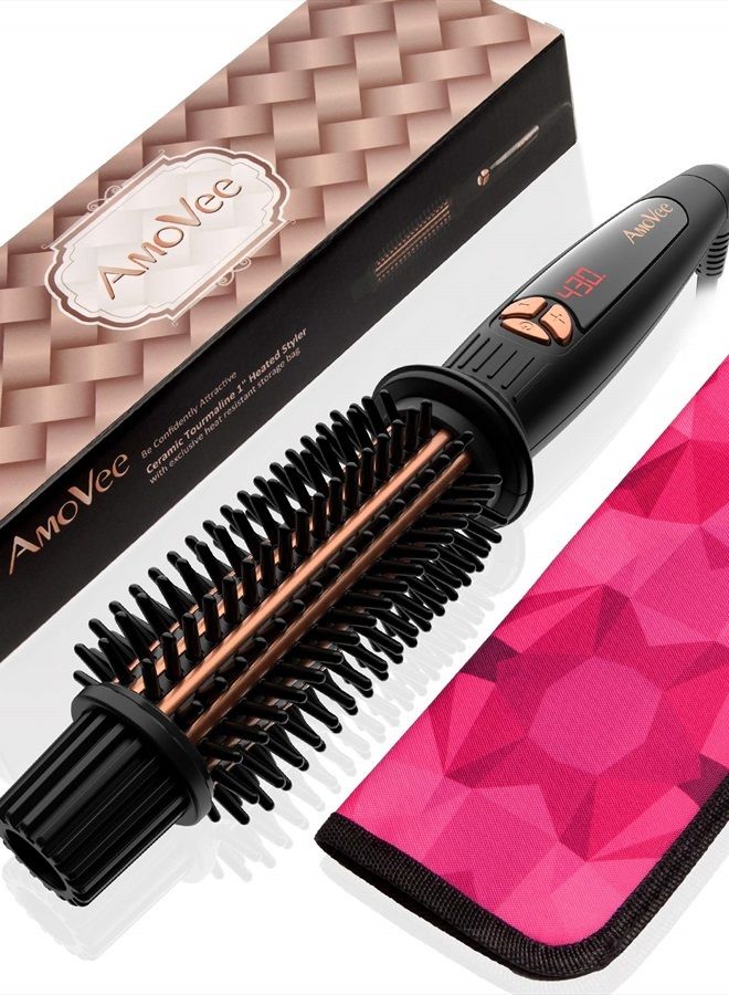 Curling Iron Brush Ceramic Tourmaline Ionic Hair Curling Wand Volumizing Hot Brush with 1 Inch Barrel & Anti-Scald Bristles for All Hair Types, Dual Voltage, Instant Heat