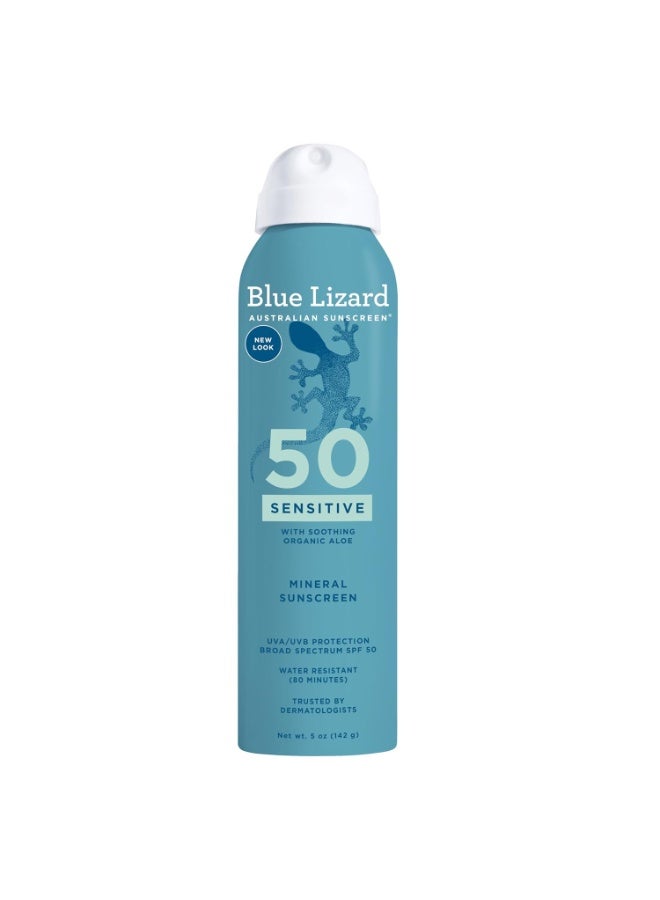 Blue Lizard Sensitive Mineral SPF 50 Spray, Dermatologist-Recommended Brand, Broad-Spectrum UVA/UVB Protection, Water-Resistant, Zinc Oxide Formula, 5 oz